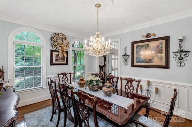 1933 Tara Trl, Lancaster, SC 29720 - dining space featuring a chandelier, ornamental molding, wood finished floors, and a wainscoted wall