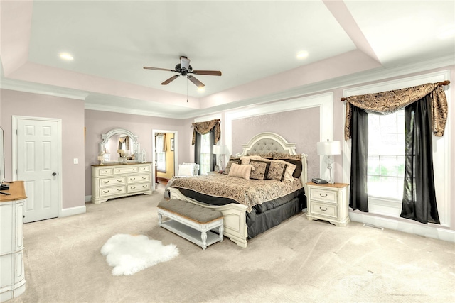 1933 Tara Trl, Lancaster, SC 29720 - bedroom featuring a raised ceiling, light colored carpet, crown molding, a ceiling fan, and recessed lighting
