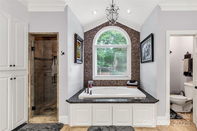 1933 Tara Trl, Lancaster, SC 29720 - bathroom with a garden tub, a shower stall, vaulted ceiling, and crown molding