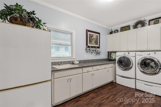 1933 Tara Trl, Lancaster, SC 29720 - washroom featuring washer and dryer, cabinet space, ornamental molding, and dark wood finished floors