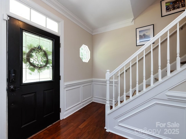 12928 Windy Lea Ln, Huntersville, NC 28078 - foyer entrance with dark wood-type flooring, stairway, healthy amount of natural light, a wainscoted wall, and ornamental molding