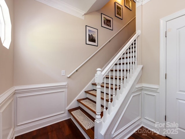 12928 Windy Lea Ln, Huntersville, NC 28078 - stairs with a decorative wall, a wainscoted wall, ornamental molding, and wood finished floors