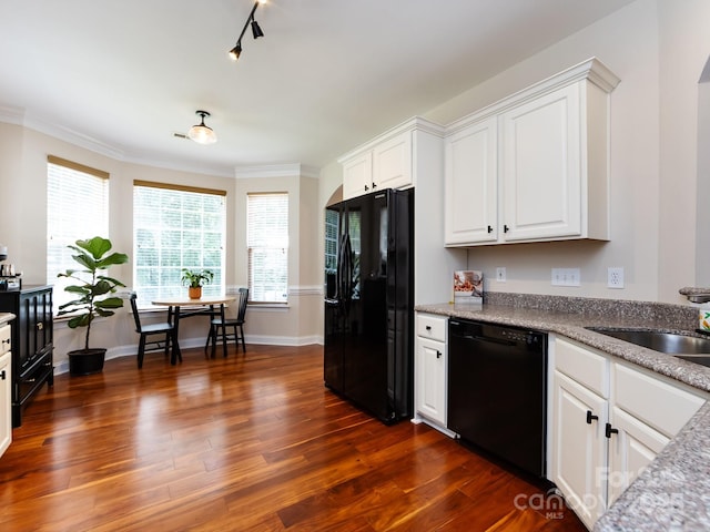 12928 Windy Lea Ln, Huntersville, NC 28078 - kitchen featuring black appliances, white cabinets, dark wood-style flooring, and crown molding