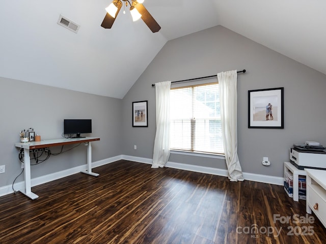 12928 Windy Lea Ln, Huntersville, NC 28078 - unfurnished office featuring a ceiling fan, wood finished floors, and lofted ceiling