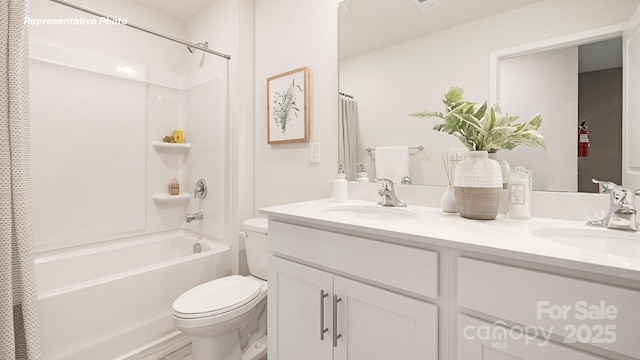 12019 Zazu Way, Charlotte, NC 28215 - bathroom featuring double vanity and shower / bath combination with curtain