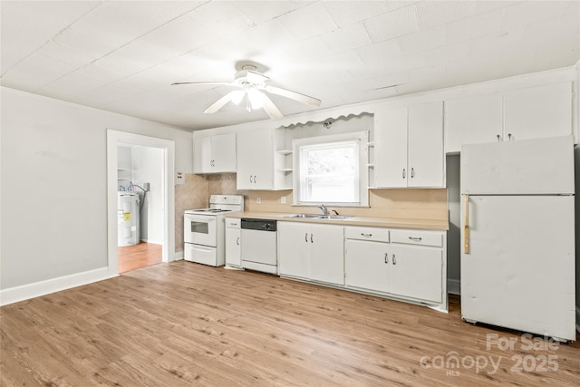 2722 Eastway Dr, Charlotte, NC 28205 - kitchen with white appliances, electric water heater, open shelves, ceiling fan, and light countertops
