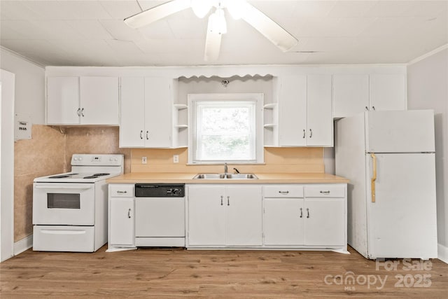 2722 Eastway Dr, Charlotte, NC 28205 - kitchen featuring white appliances, open shelves, white cabinets, light countertops, and ornamental molding