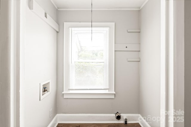 2722 Eastway Dr, Charlotte, NC 28205 - laundry room featuring washer hookup, crown molding, and wood finished floors