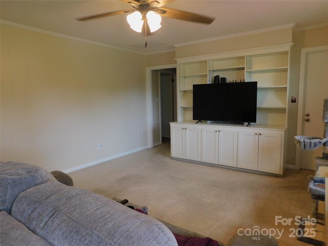 714 Shady Dr, Albemarle, NC 28001 - living area featuring ceiling fan, light carpet, and crown molding