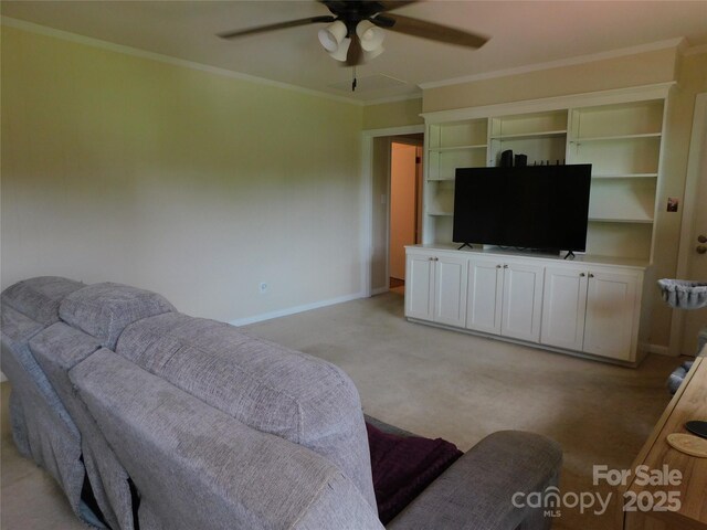 714 Shady Dr, Albemarle, NC 28001 - living room featuring a ceiling fan, light colored carpet, and ornamental molding