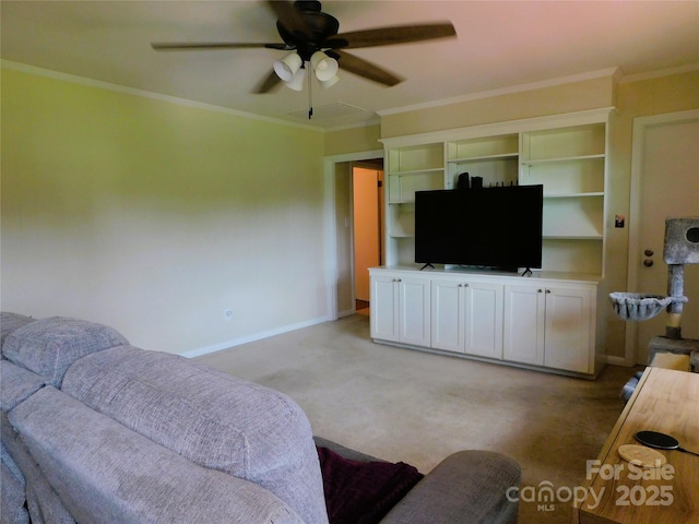714 Shady Dr, Albemarle, NC 28001 - living room featuring ceiling fan, light colored carpet, and crown molding