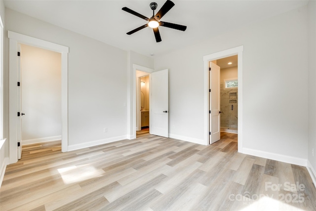 513 Sacco St, Belmont, NC 28012 - unfurnished bedroom with light wood-type flooring, ensuite bathroom, and ceiling fan
