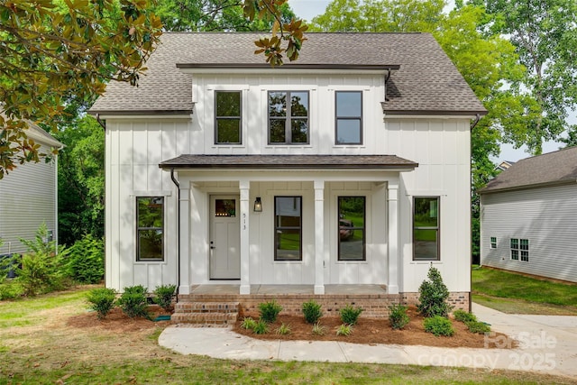 513 Sacco St, Belmont, NC 28012 - modern inspired farmhouse with board and batten siding, a porch, and a shingled roof