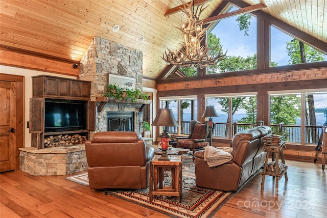 242 Anisidi Trl, Maggie Valley, NC 28751 - living room featuring healthy amount of natural light, wood-type flooring, a stone fireplace, high vaulted ceiling, and wooden ceiling
