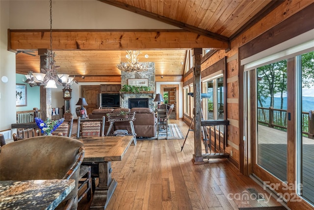 242 Anisidi Trl, Maggie Valley, NC 28751 - living area featuring a chandelier, wood-type flooring, vaulted ceiling, a fireplace, and wood ceiling