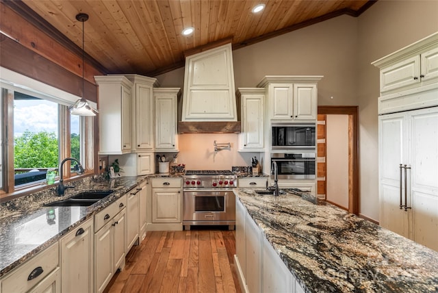 242 Anisidi Trl, Maggie Valley, NC 28751 - kitchen featuring appliances with stainless steel finishes, wood ceiling, light wood-style floors, lofted ceiling, and recessed lighting