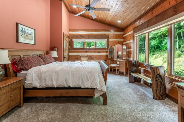 242 Anisidi Trl, Maggie Valley, NC 28751 - bedroom featuring multiple windows, wood ceiling, lofted ceiling, carpet, and wood walls