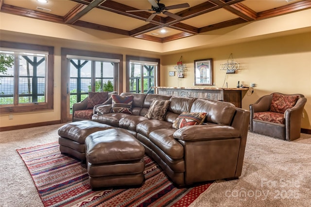 242 Anisidi Trl, Maggie Valley, NC 28751 - carpeted living room featuring coffered ceiling, ceiling fan, beam ceiling, and bar