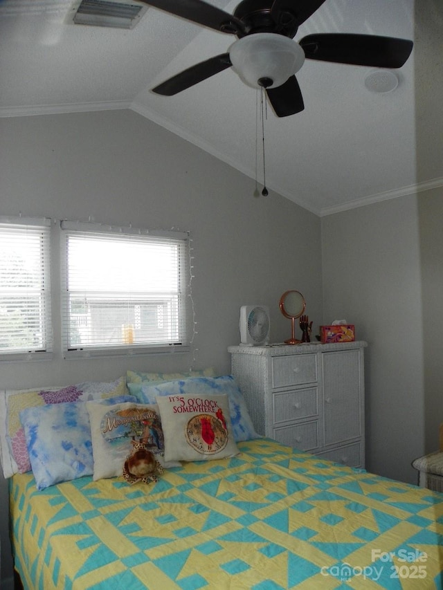 166 Eagle Dr, New London, NC 28127 - bedroom featuring lofted ceiling, crown molding, and ceiling fan