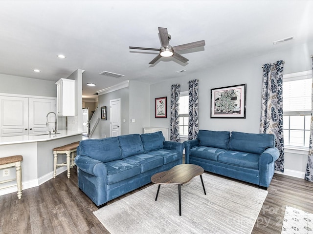 2003 Trigger Dr, Indian Trail, NC 28079 - living area featuring a ceiling fan, dark wood finished floors, and recessed lighting