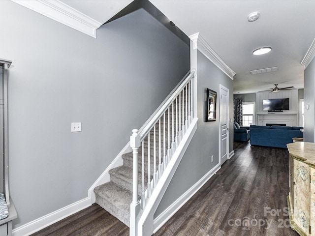 2003 Trigger Dr, Indian Trail, NC 28079 - staircase with ornamental molding, wood finished floors, a ceiling fan, and a fireplace