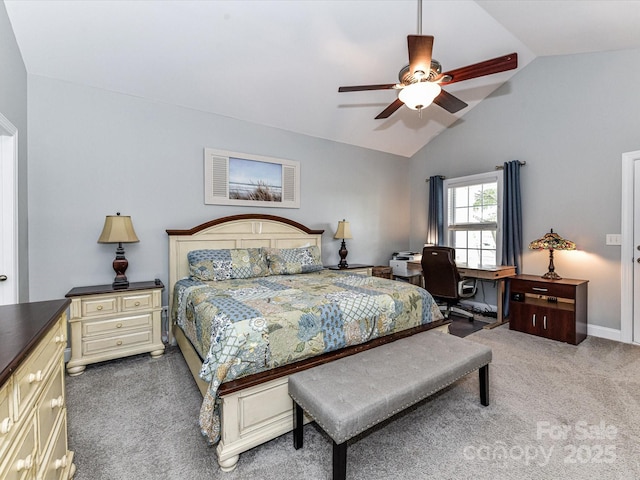 2003 Trigger Dr, Indian Trail, NC 28079 - bedroom featuring carpet flooring, vaulted ceiling, a desk, and a ceiling fan