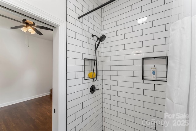 302 White St, Morganton, NC 28655 - full bath featuring tiled shower, ceiling fan, and wood finished floors