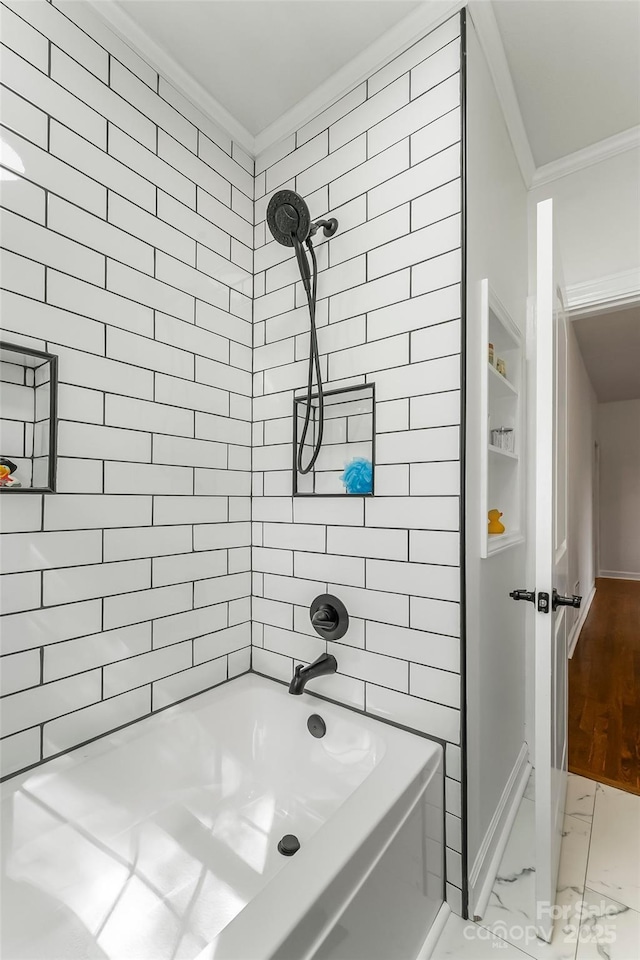 302 White St, Morganton, NC 28655 - bathroom with crown molding, marble look tiles, and bathing tub / shower combination