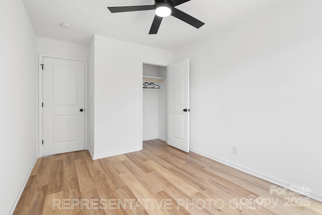 213 Knot St, Shelby, NC 28150 - unfurnished bedroom with light wood finished floors, a closet, and a ceiling fan