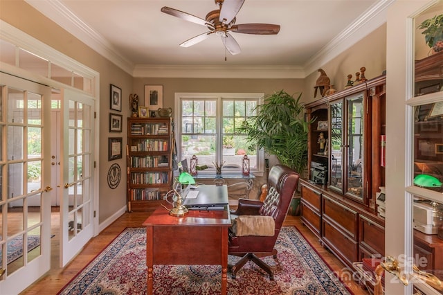 94 Spruce Hill Dr, Hendersonville, NC 28792 - office with french doors, wood finished floors, a ceiling fan, and crown molding
