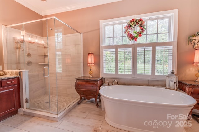 94 Spruce Hill Dr, Hendersonville, NC 28792 - full bath featuring a freestanding bath, a stall shower, healthy amount of natural light, and ornamental molding