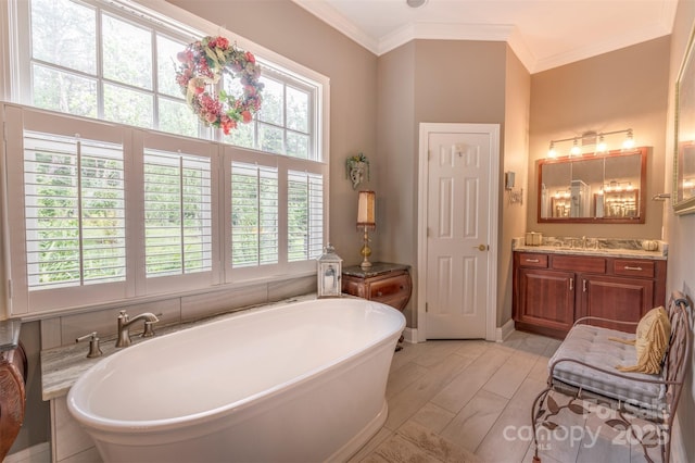 94 Spruce Hill Dr, Hendersonville, NC 28792 - bathroom with a freestanding bath, vanity, and ornamental molding