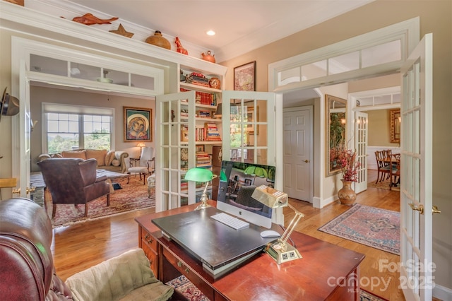 94 Spruce Hill Dr, Hendersonville, NC 28792 - office space with french doors, wood finished floors, ornamental molding, and recessed lighting