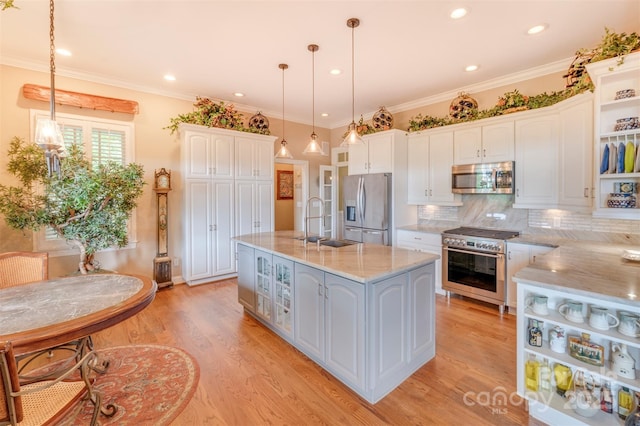 94 Spruce Hill Dr, Hendersonville, NC 28792 - kitchen featuring stainless steel appliances, white cabinets, light wood finished floors, backsplash, and open shelves