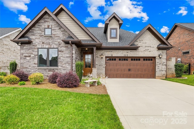 6107 Gold Springs Way, Denver, NC 28037 - view of front of house featuring a garage, concrete driveway, a front yard, a shingled roof, and brick siding