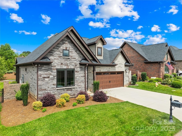 6107 Gold Springs Way, Denver, NC 28037 - view of front facade with stone siding, a front yard, concrete driveway, a garage, and a shingled roof