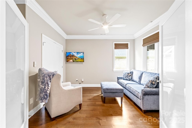 6107 Gold Springs Way, Denver, NC 28037 - living room with crown molding, wood finished floors, and ceiling fan