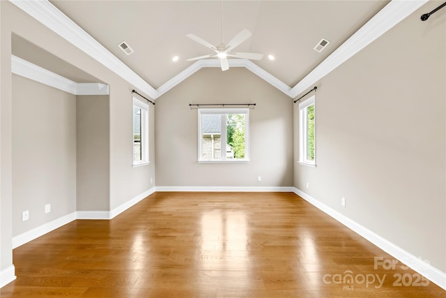 6107 Gold Springs Way, Denver, NC 28037 - spare room featuring ceiling fan, light wood-style floors, lofted ceiling, ornamental molding, and recessed lighting