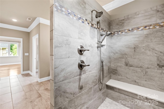 6107 Gold Springs Way, Denver, NC 28037 - bathroom with ornamental molding and tiled shower