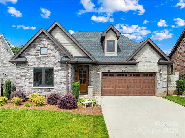 6107 Gold Springs Way, Denver, NC 28037 - view of front of house with a garage, driveway, a shingled roof, a front yard, and brick siding