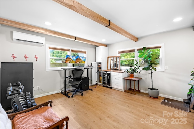 2919 Dunaire Dr, Charlotte, NC 28205 - office area with an AC wall unit, beverage cooler, beamed ceiling, light wood-type flooring, and recessed lighting