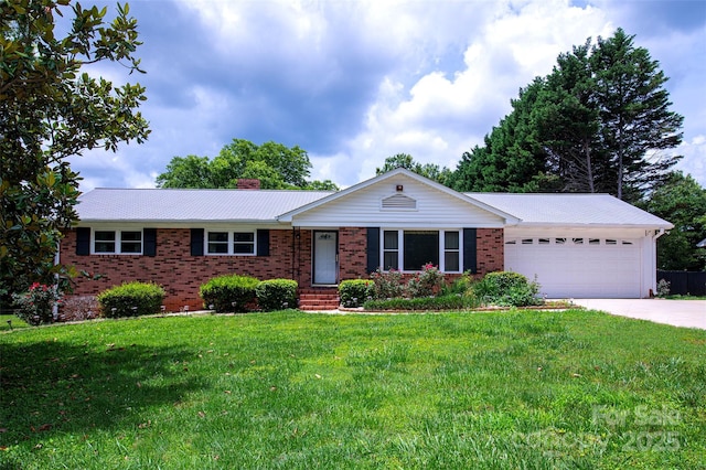 1216 Manchester Ln, Charlotte, NC 28227 - ranch-style home featuring a garage, a chimney, brick siding, a front lawn, and concrete driveway