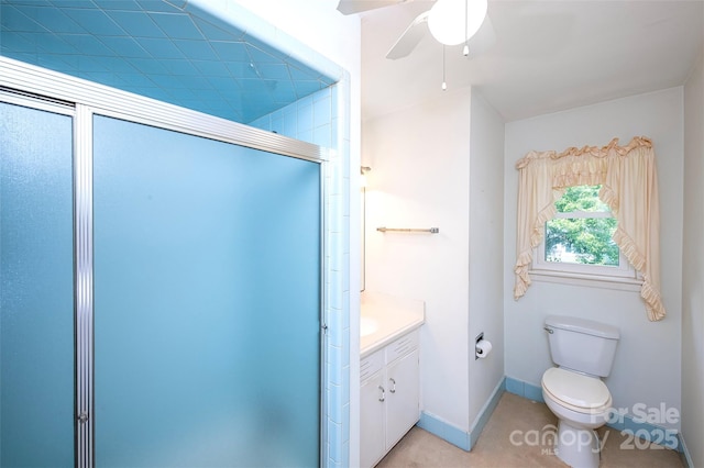 1216 Manchester Ln, Charlotte, NC 28227 - bathroom with a stall shower, vanity, and ceiling fan