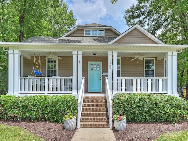 1325 Kennon St, Charlotte, NC 28205 - bungalow-style home with ceiling fan, a porch, and a shingled roof