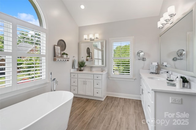 9027 Kirkley Ct, Charlotte, NC 28277 - bathroom featuring plenty of natural light, a freestanding tub, two vanities, lofted ceiling, and wood finished floors