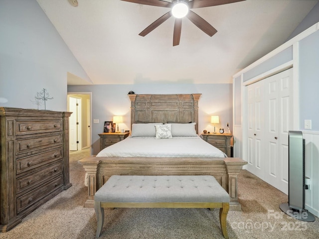 1252 Winding Path Rd, Lake Wylie, SC 29710 - bedroom with lofted ceiling, light carpet, a closet, and ceiling fan