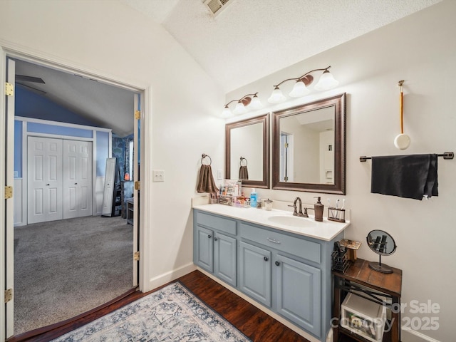 1252 Winding Path Rd, Lake Wylie, SC 29710 - bathroom featuring vaulted ceiling, double vanity, and wood finished floors