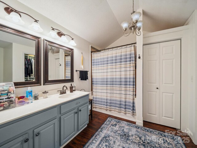 1252 Winding Path Rd, Lake Wylie, SC 29710 - bathroom with a closet, a chandelier, vanity, wood finished floors, and lofted ceiling