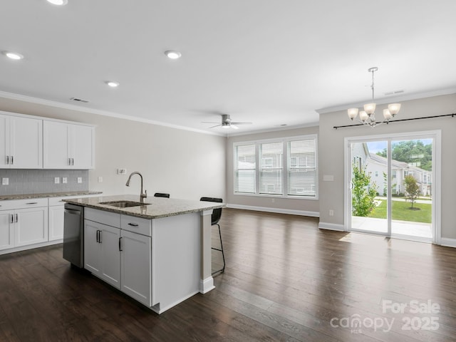567 Big Sur Loop, Asheville, NC 28806 - kitchen featuring ornamental molding, light stone countertops, stainless steel dishwasher, a chandelier, and dark wood-style floors