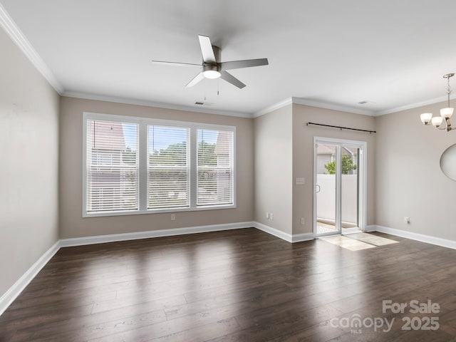 567 Big Sur Loop, Asheville, NC 28806 - empty room with a chandelier, ceiling fan, dark wood-style flooring, and ornamental molding